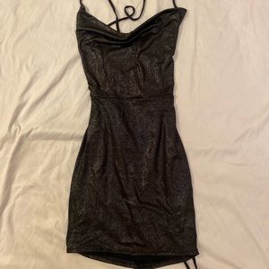 Shimmery black mini cowl neck dress